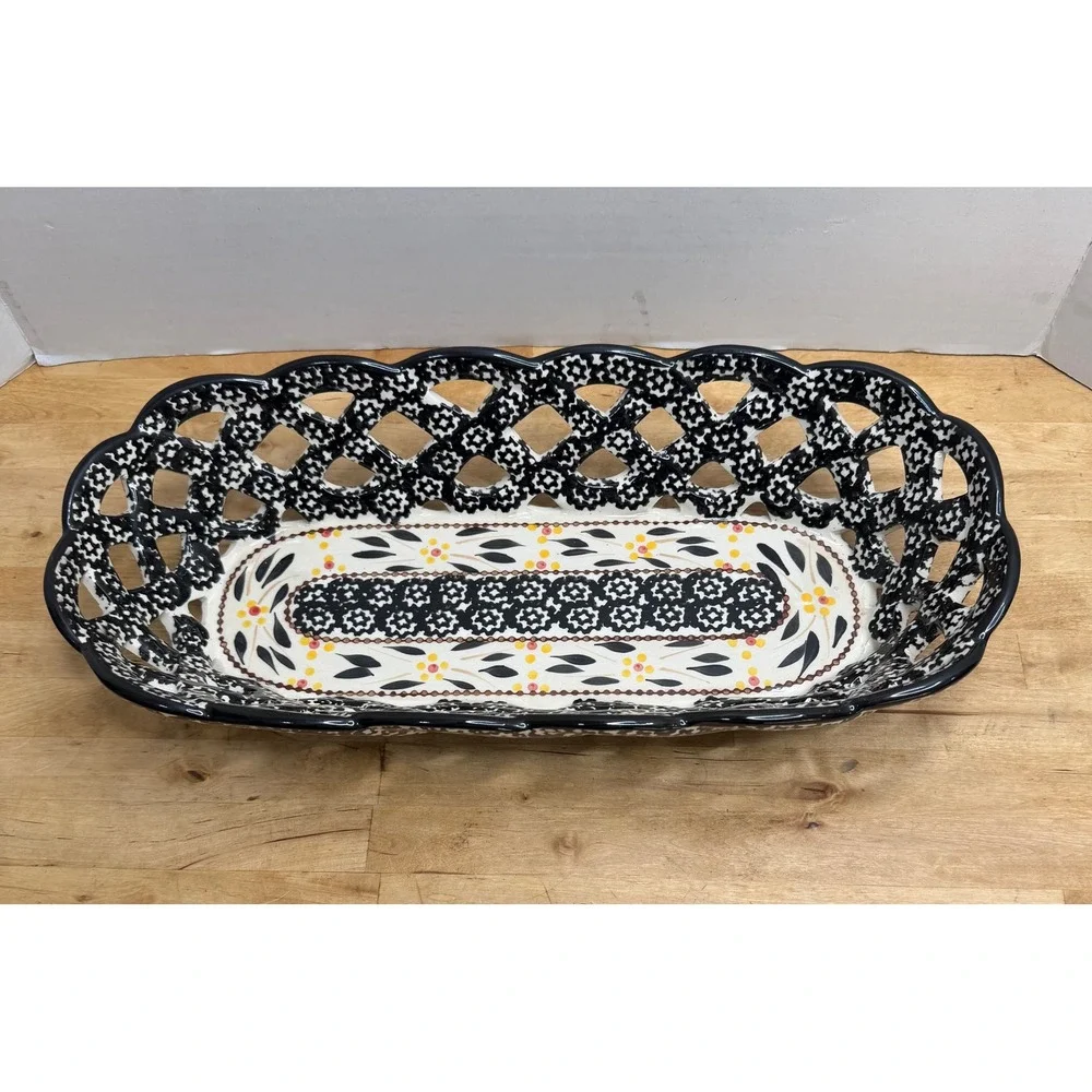 Temp-tations Old World Basket Bowl Black Lattice Ceramic Hand Painted Serving